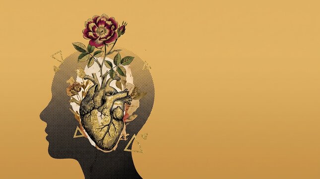 Human head silhouette with floral heart illustration on a gold background with copy space