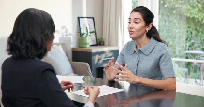 Meeting, woman or realtor in home office with paper, price evaluation or discussion on mortgage info. Digital, mature client or broker with document, property valuation or loan option in consultation