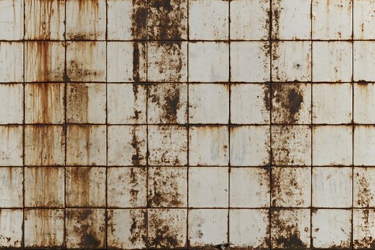 Dirty square tile wall texture with brown rust stains and drips
