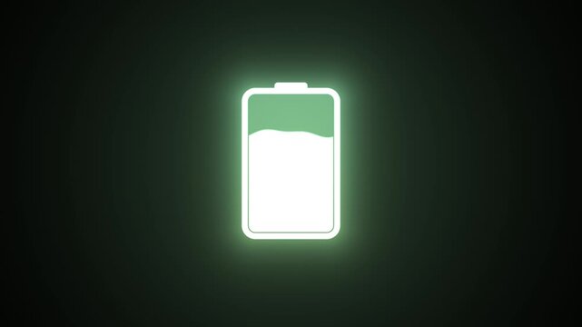 Battery charging animation showing power level increasing with a lightning bolt symbol, indicating energy replenishment for electronic devices on a dark background.