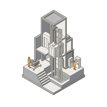 Sleek Isometric of Industrial Elevator System with Workers and Machinery in Monochromatic Gray and Orange