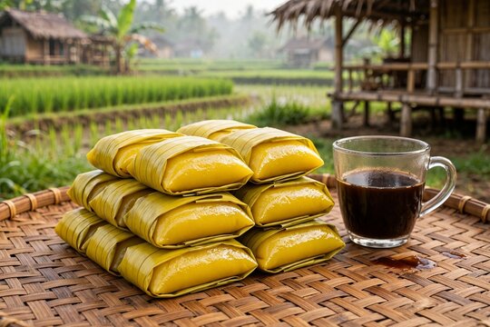 Authentic Aceh Timphan Cake Yellow Banana Leaf on Woven Bamboo Tray in Rice Field with Aceh Black Coffee