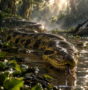 ​Dramatic Close-Up of Anaconda Hissing in Tropical River