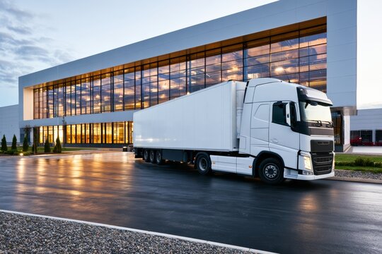 Truck parked in front of a modern office building during sunset hours