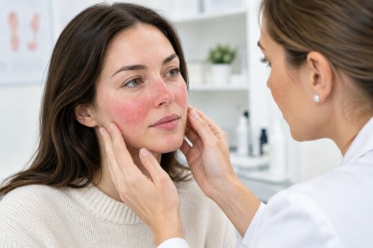Dermatologist examining facial redness in a woman with rosacea during a clinical skin consultation, representing diagnosis, dermatology, skincare and treatment