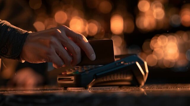 Hand holds card near payment terminal