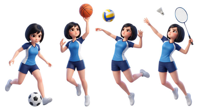 3D Character Girl doing sports, badminton, basketball, soccer, volleyball, transparent png