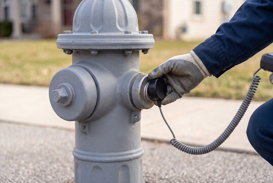 Utility Worker Attaching Acoustic Sensor To Fire Hydrant For Water Leak Detection