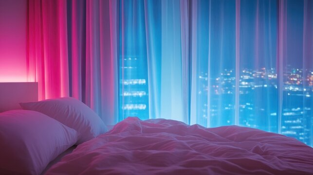 Bedroom overlooking city skyline with neon curtain glow