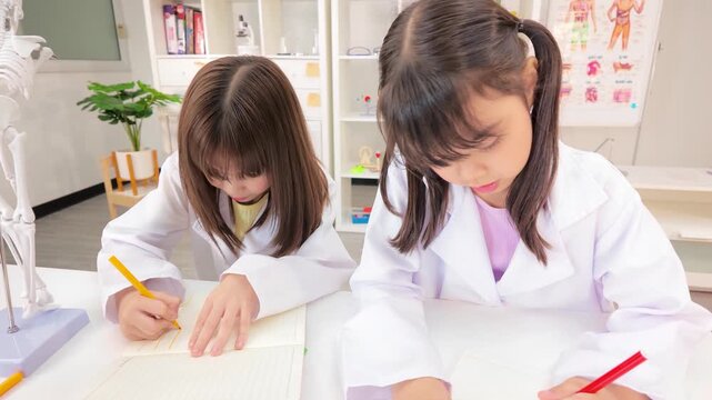 Two Schoolgirls in Lab Coats Writing in Notebooks During Science Class