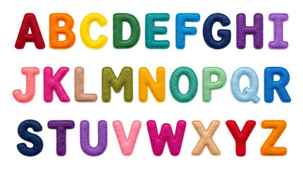 Complete alphabet of colorful felt letters on white background, solated on transparent background © PNG Studio 99