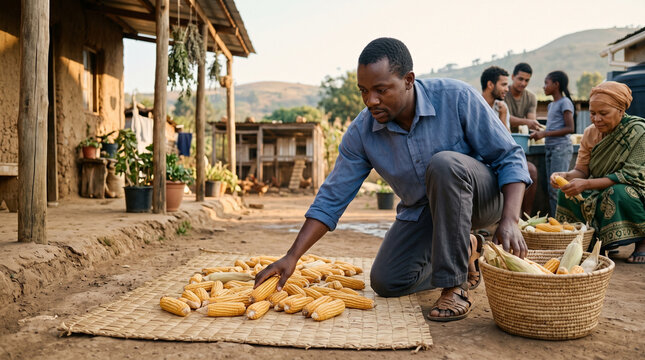 Man arranging corn cobs outside rural home, Kwanzaa harvest tradition and community life in village setting 