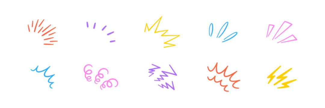 Doodle radial line rays. Hand drawn round corner shine. Sunburst sparkle element. Sun burst doodle icon. Explosion frame. Idea and exclamation symbol. Vector illustration isolated on white background.