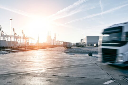 Trucks moving through a busy shipping yard in the early morning light