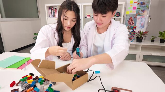 Asian Students in Lab Coats Building STEM Project with Plastic Bricks
