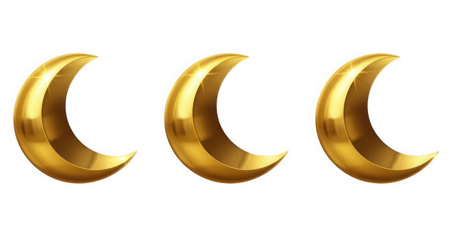 Three shiny golden crescent moon icons on a plain surface isolated on transparent background