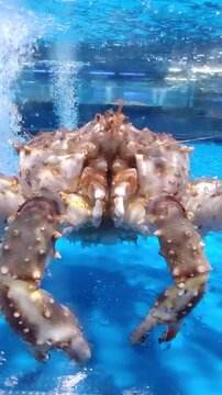 Vertical shot of live Alaskan king crab inside water tank in supermarket seafood section