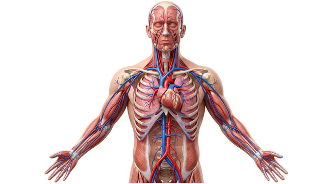 Detailed anatomical of the human circulatory system with heart and arteries solated on transparent background