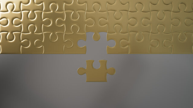 Gold and Silver Jigsaw Puzzle texture Backdrop with final piece moving into place. Closure Concept.