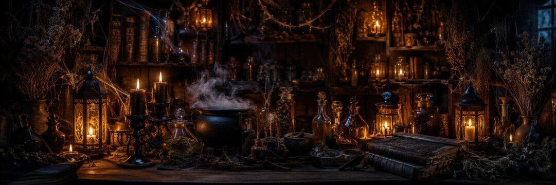 Wizard alchemist table with smoking cauldron, burning candles, old books, potion bottles and lanterns in dark witch apothecary. Banner with copy space