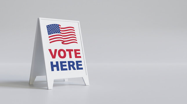 Vote Here sign with American flag design displayed on a white background, indicating a polling location for voter registration and participation in elections