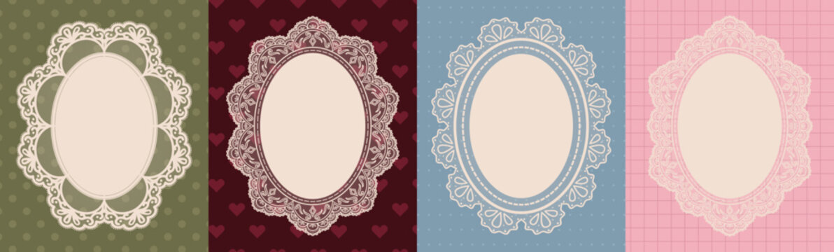 Oval scallop lace border frames. Wedding invitation set with vintage elegant edge and floral doily trim. Romantic poster template.