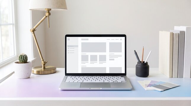 Minimalist workspace featuring a laptop on a clean desk with stationery and lighting