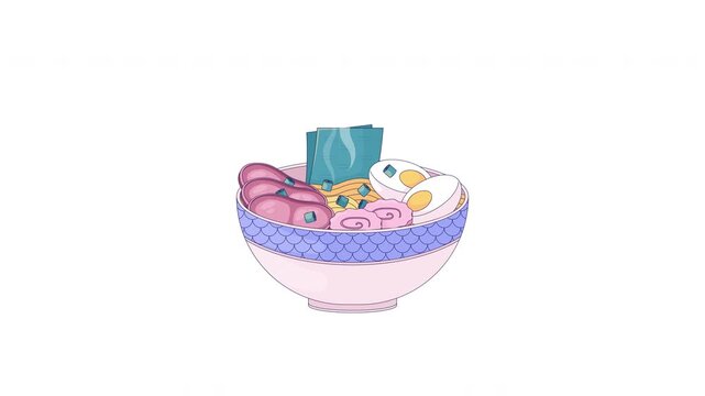 Ramen noodle bowl steaming with egg and toppings 2D cartoon animation. Classic Japanese soup meal with chashu. Comfort food. Asian cuisine animated flat element 4K video on transparent background