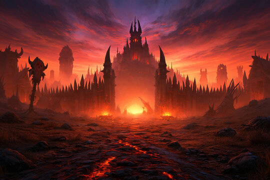 Classic fantasy orc outpost with wooden fortifications, tusk architecture and red banners