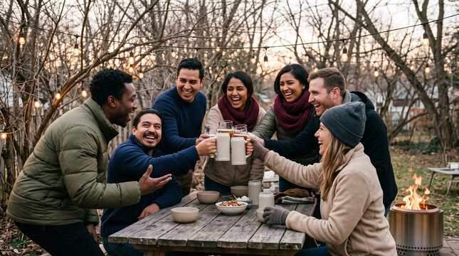 Friends toasting beer steins around picnic table outdoors, cheerful gathering and social bonding on Bavarian beer festival