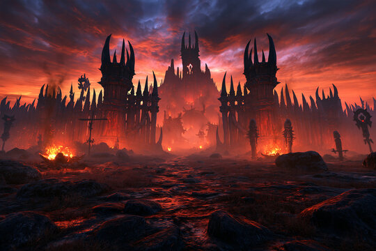 Classic fantasy orc outpost with wooden fortifications, tusk architecture and red banners