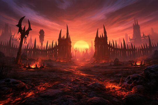 Classic fantasy orc outpost with wooden fortifications, tusk architecture and red banners