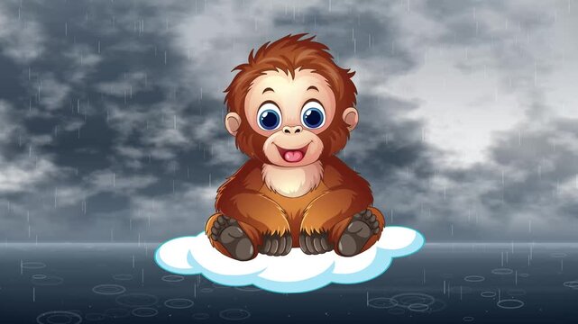 Cartoon Orangutan Floating on a Cloud Over Rainy Ocean Background
