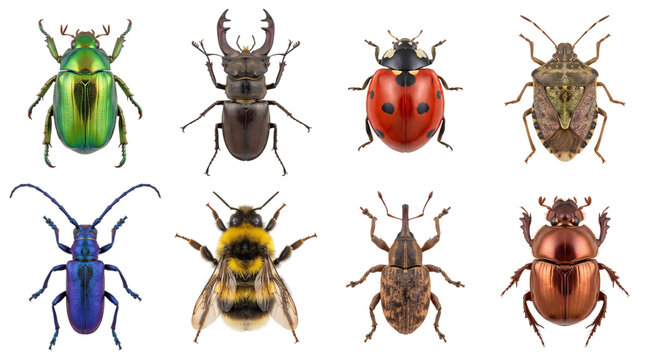 Diverse collection of eight insects against a dark geometric pattern background, keywords: insect, beetle, ladybug, solated on, transparent background