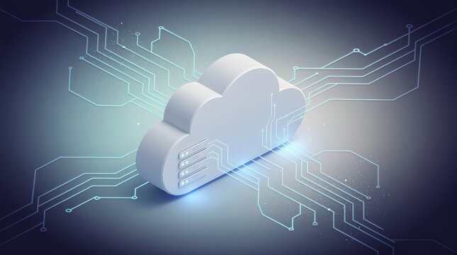 A digital cloud icon connected to multiple circuit-like lines representing cloud computing and data networking technology.