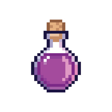 Purple magic potion bottle in pixel art style with pixelart mystical adventure