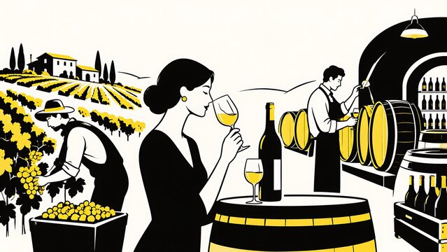 Minimalist, black-and-white characters with yellow winery, viticulture, tasting, and cellar elements