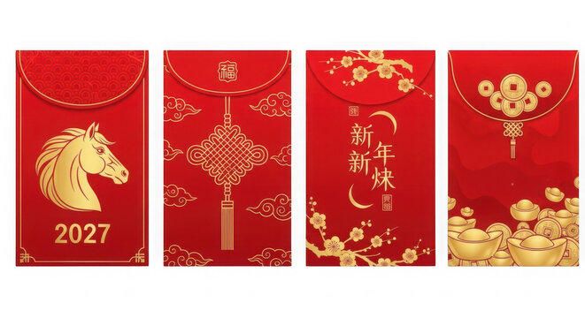 Set of four red chinese lunar new year money envelopes with gold patterns isolated on transparent background