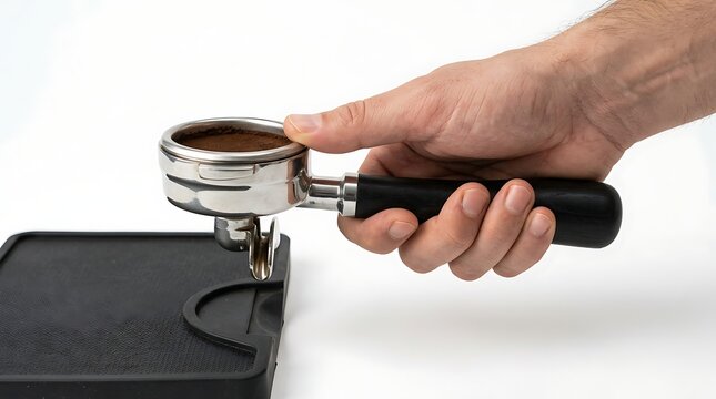 Hand holding an espresso portafilter with ground coffee over a tamping mat against a white background