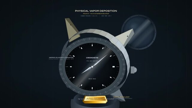 3D animation explaining the physical vapor deposition or PVD gold coating process on a luxury watch chronometer showcasing vacuum deposition and atom acceleration for surface engineering