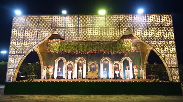 Illuminated wedding stage setup for an Indian marriage ceremony in Lucknow