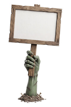 Zombie Hand Holding A Blank Wooden Signboard
