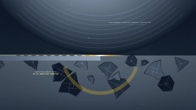 Roller compacted concrete dam construction process animation showing heavy machinery vibrating roller and spreader blade placing zero slump concrete to build a monolithic jointless structural matrix