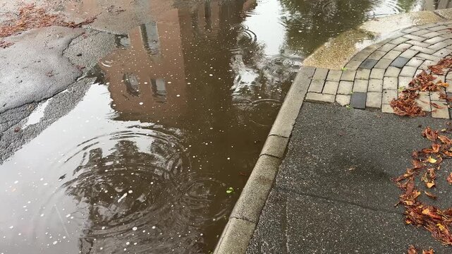 Flooded Road After Autumn Storm with Undermined Roadway 4k