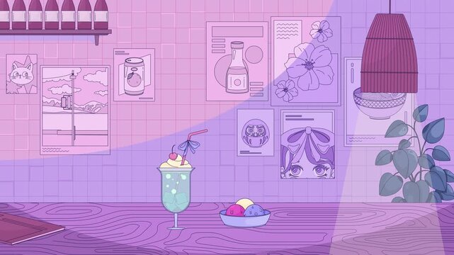 Japanese cafe interior with soda float and ice cream animated background. Poster wall in pastel pink. Sweet dessert and iced drink on wooden counter 4K video. Flat 2D cartoon backdrop animation