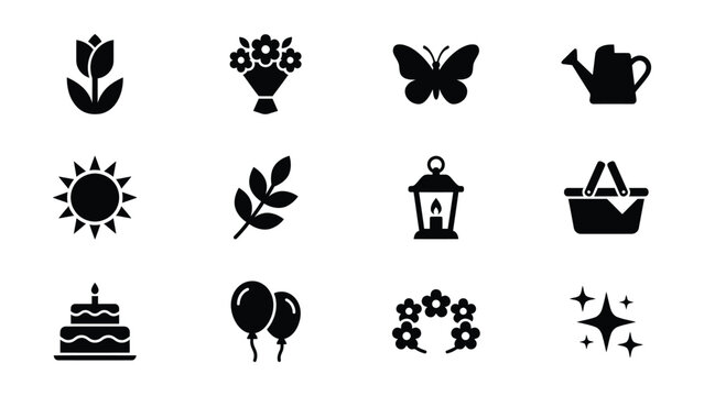 Set of twelve black line icons representing nature and celebration elements