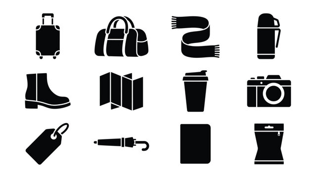 Set of twelve travel and outdoor activity icons with transparent background