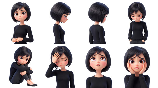 3D Character Girl sheet, expressions, poses, short hair, black outfit, png transparent