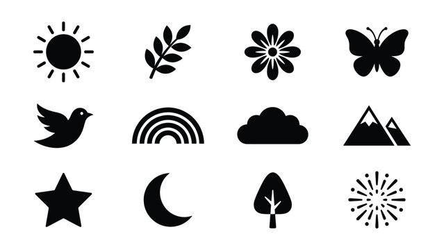 Set of twelve minimalist nature icons with transparent background for design projects