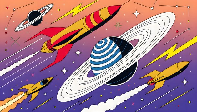 Mid-century retro futurism space vector illustration with stylized rockets and constellation dots on sunset gradient background